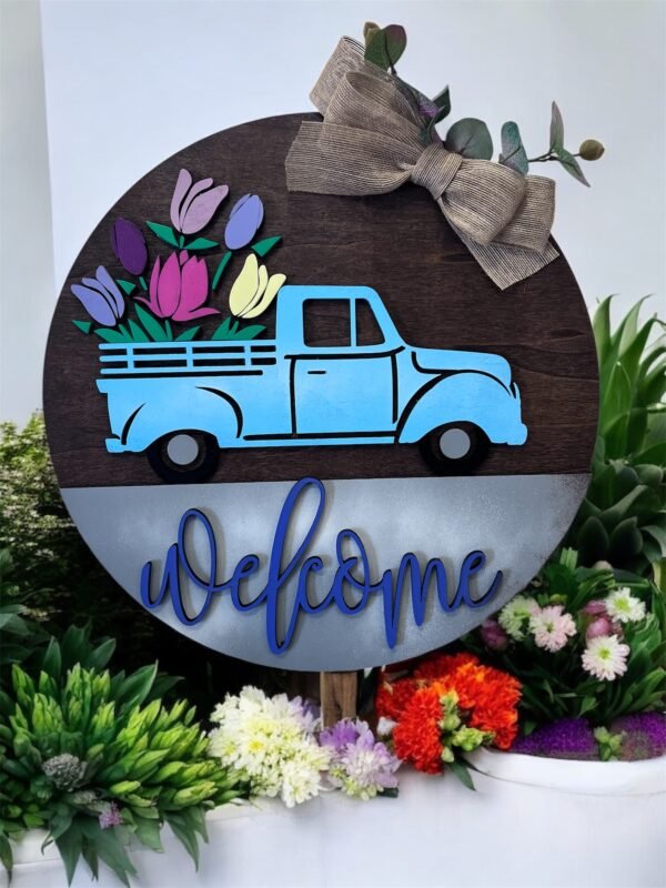 Retro truck with tulips, Welcome